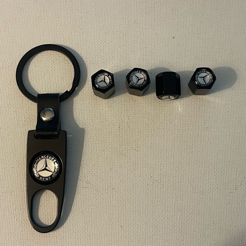 Mercedes Benz metal keychain & valve Stem caps in black NWT